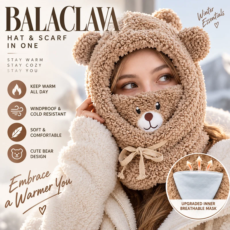 Adorable Bear Plush Scarf Hat with Hood Mask Brim Warm Winter Fleece Lined Hat for Adults Cozy Soft Winter Outdoor Gife