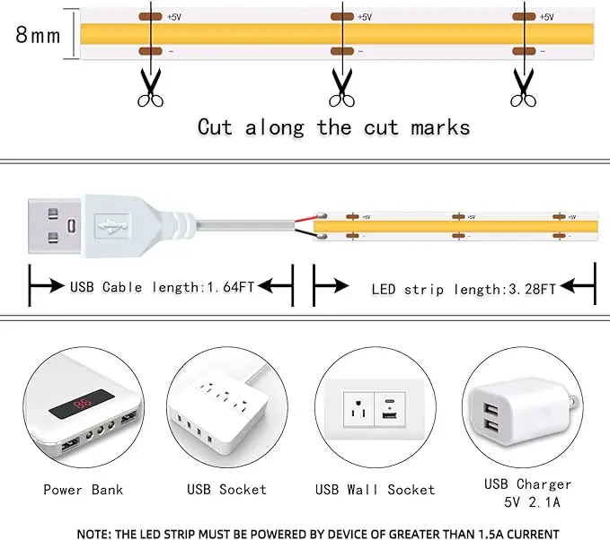 Cob Light Strip USB Switch Dc5V 320Led/M Flexible Strip Light Suitable for Indoor Lighting Kitchen Lighting Living Room Decoration