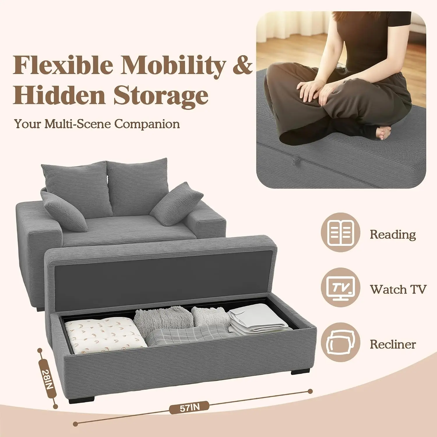 Chaise Lounge with Storage Ottoman, 60-Inch Sofa with Armrests & 4 Pillows, Oversized Reading Chair for Living Room,  Customized