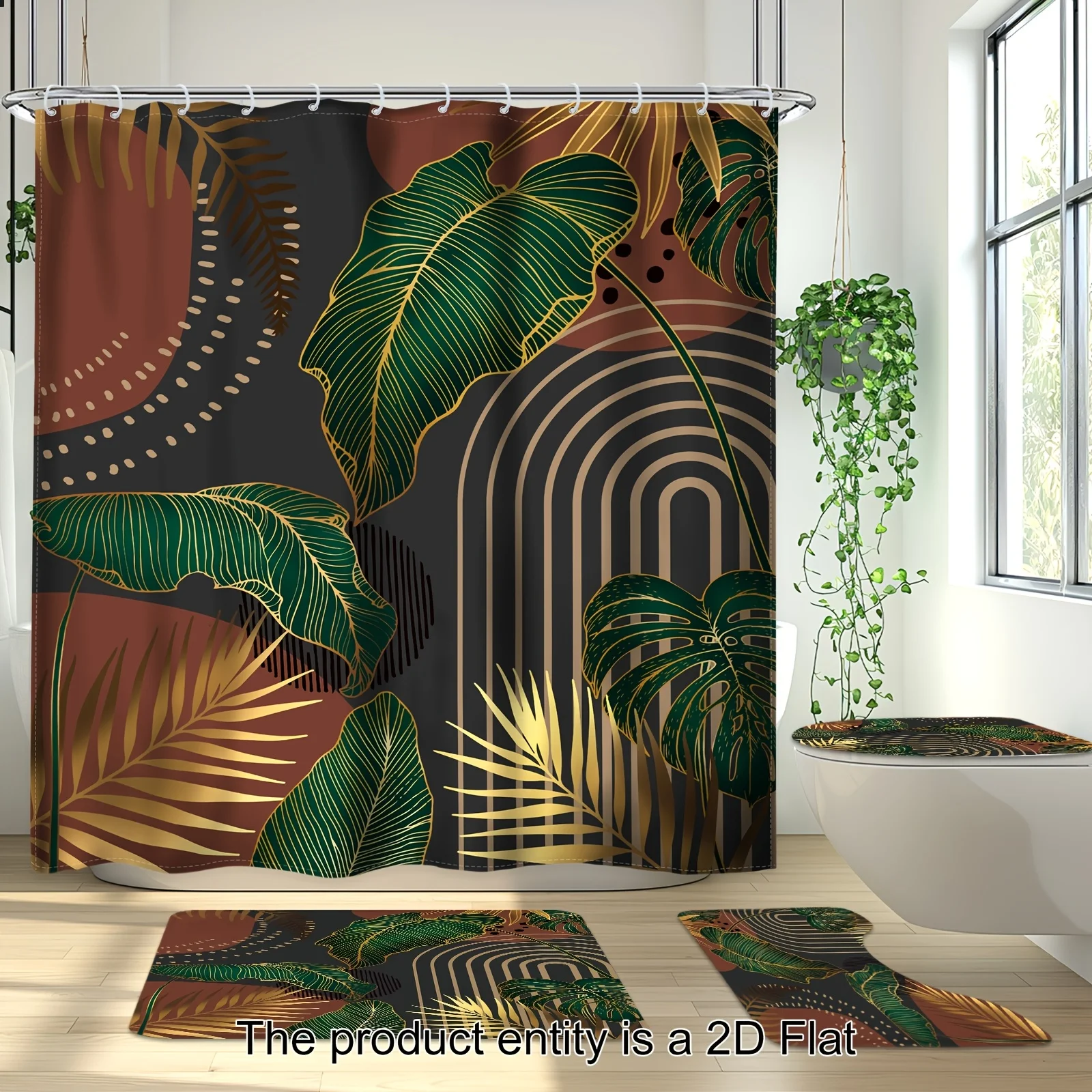 

1 шт./4 шт. - Комплект 2D плоских зеленых штор для душа в стиле бохо, современный абстрактный дизайн с золотисто-серыми тропическими листьями монстеры и пальм, минималистичный стиль