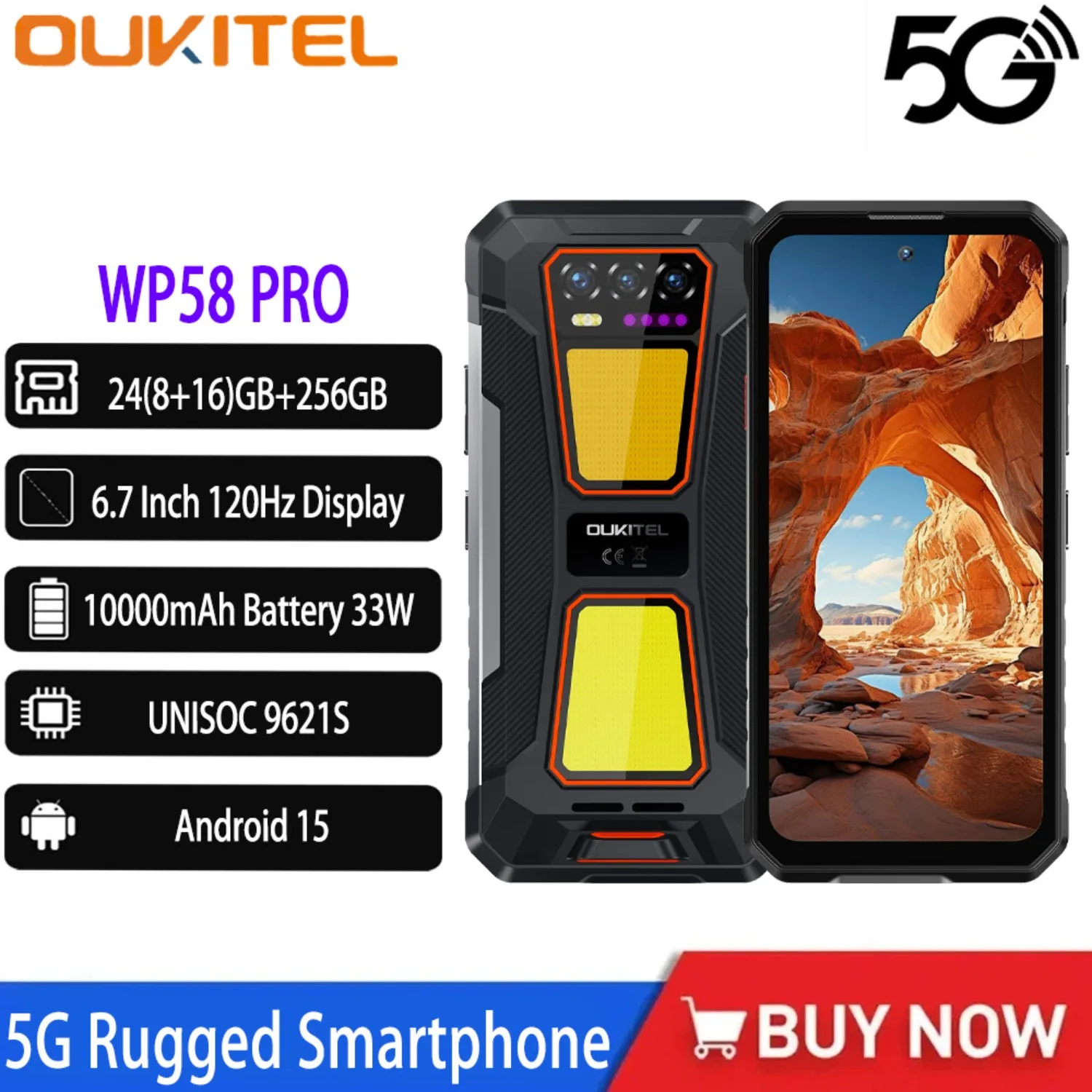 OUKITEL WP58 PRO 5G Rugged Smartphone 6.7“ 120Hz Display 24(8+16)GB+256GB 1000-Lumen Dual Camping Lights Android 15 Mobile Phone