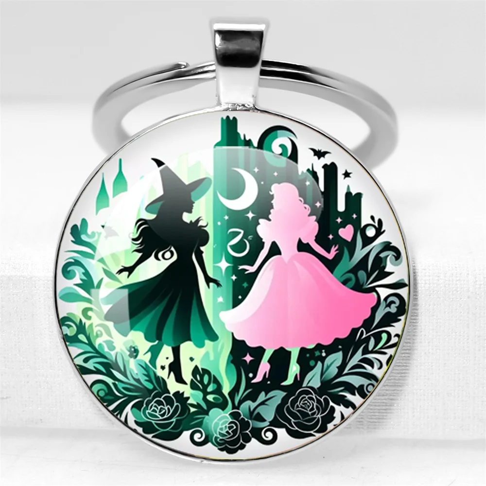 Movie Wicked Elphaba Linda Cosplay Car Keychains 25MM/30MM Glass Cabochon Pendant Accessories Keyring Prop Jewelry Couple Gift