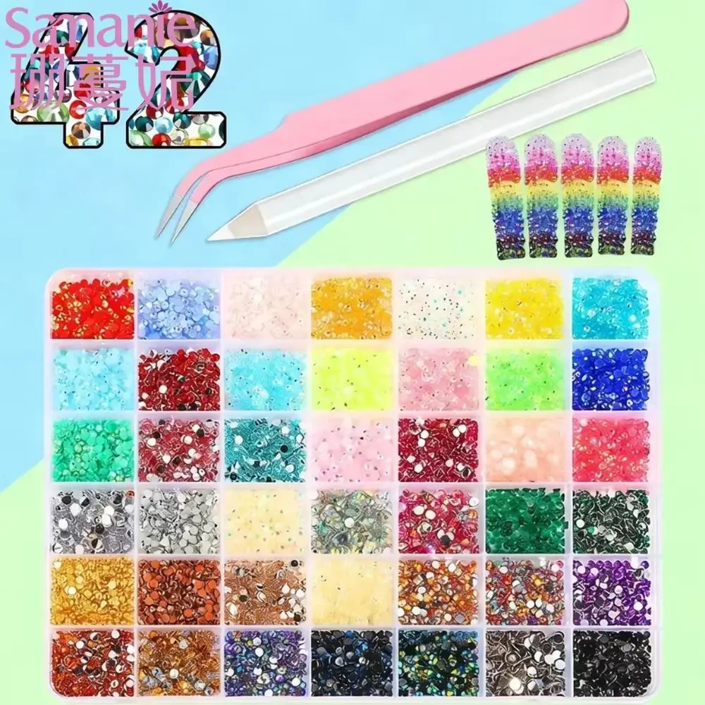 42 Girds 3D Fingernail Rhinestones 3D Glass AB Crystal Glitter Nail Jewelry Round Bead Resin DIY Nail Art Decorations