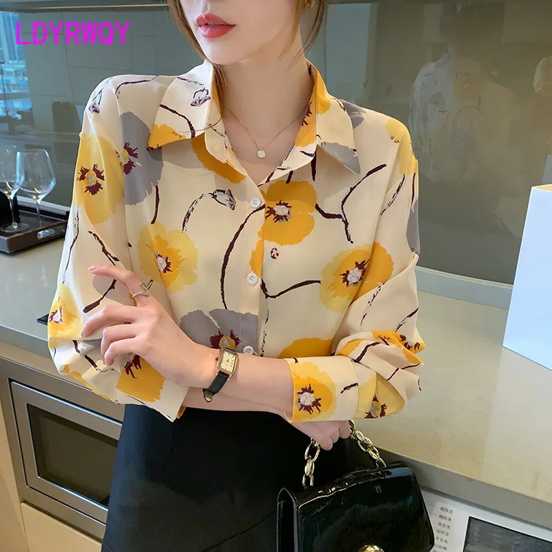 2024 Autumn New Long sleeved Chiffon Printed Shirt for Women OL Commuter Fashion Bottom Top for Women