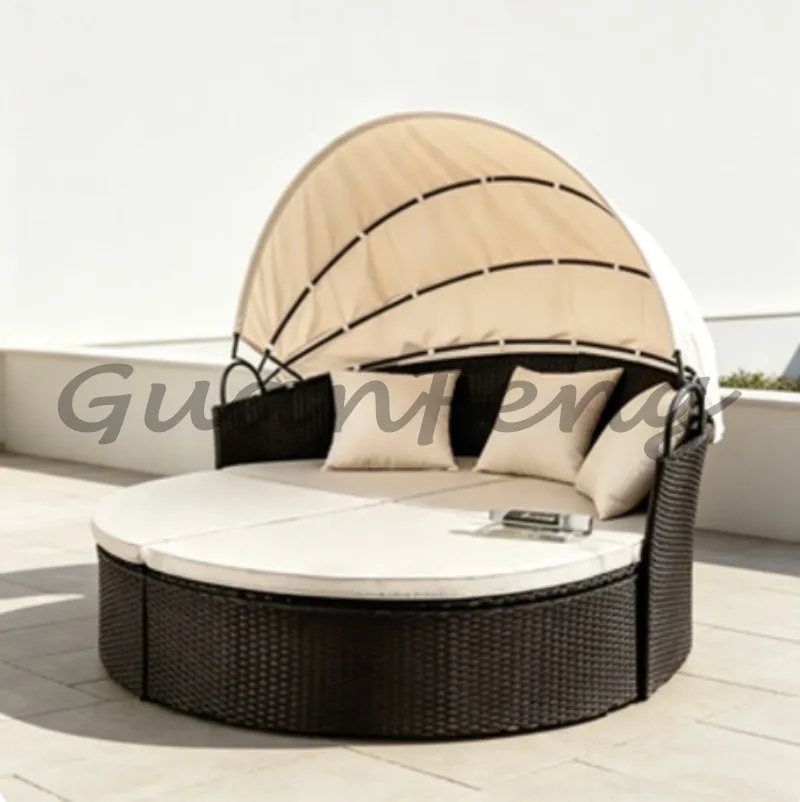 Round Rattan Wicker Outdoor Daybed With Canopy, Separated Sectional Sofa, Patio Garden Lounge Furniture Set