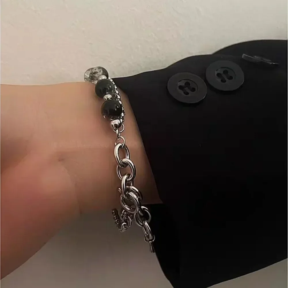 2024 Retro Black Cracking Beads Bracelet for Men Women Stainless Steel Double Layered Chain Fashion Hip-pop Jewelry Pulseras image 2