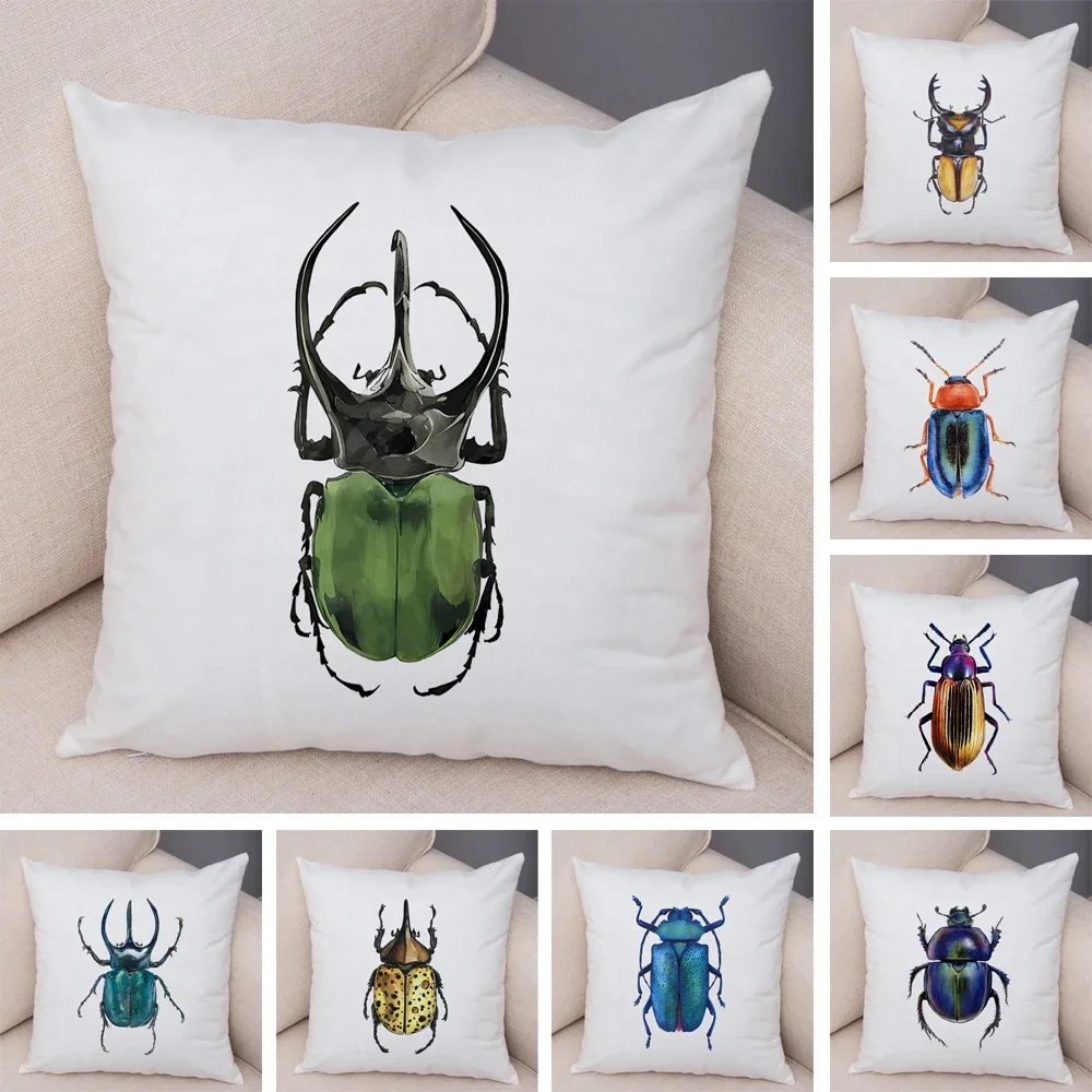 Insect Beetle Collection Pillow Case Both Sided Decor Cartoon Animal Print Cushion Cover Soft Plush Pillowcase for Sofa Home Car