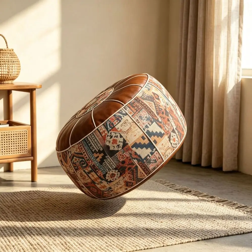 Boho Pattern Ottoman Pouf PU Leather Large Opening Storage Ottoman Fillable Design Water Resistant Footstool Cover