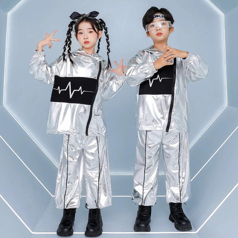 Zilver Jazzdans Kleding Kinderen Show Prestaties Pak Hip Hop Broek Mode Hoodie Jongens Meisjes Street Dance Wear VDL4847