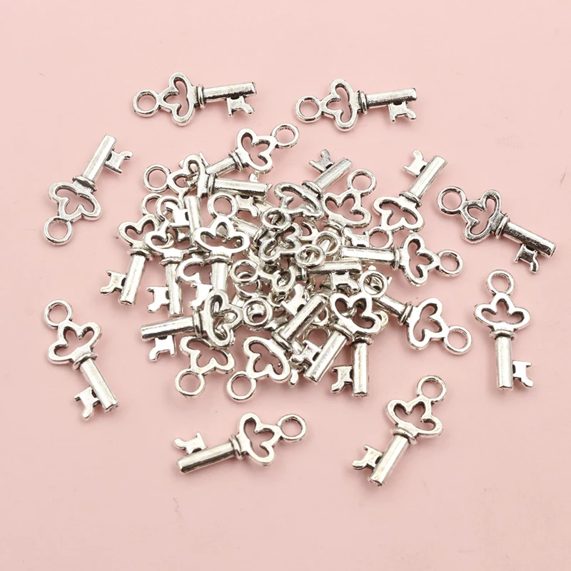 50Pcs Cổ Điển Nhỏ Key Charms Antique Bạc Mạ Hợp Kim Kim Loại Handmade Charms Mặt Dây Chuyền Tự Làm Đồ Trang Sức Làm Phụ Kiện Phát Hiện