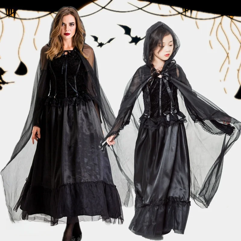 تنورة طويلة لعروس الموت الساحرة للبالغين من loween، زي أداء مطابقة بين الوالدين والطفل من ألياف البوليستر