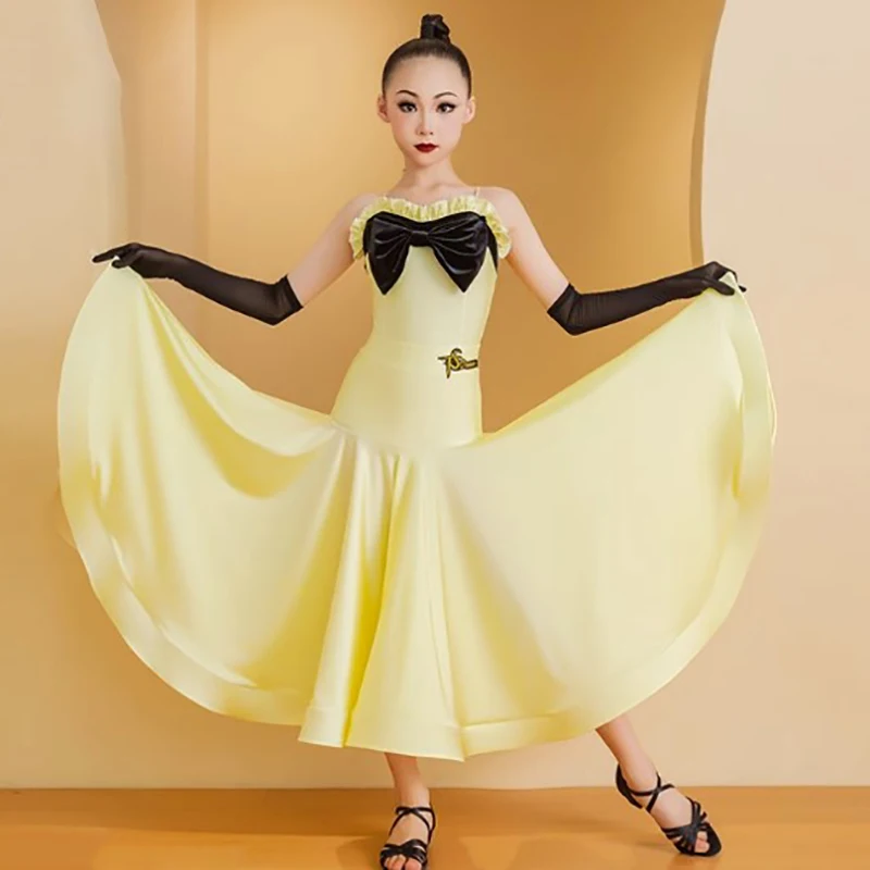 Kids Girls Strap Bowknot National Standard Dance Waltz Latin Dance Large Swing Skirt Performance Competition Costume Dancewear