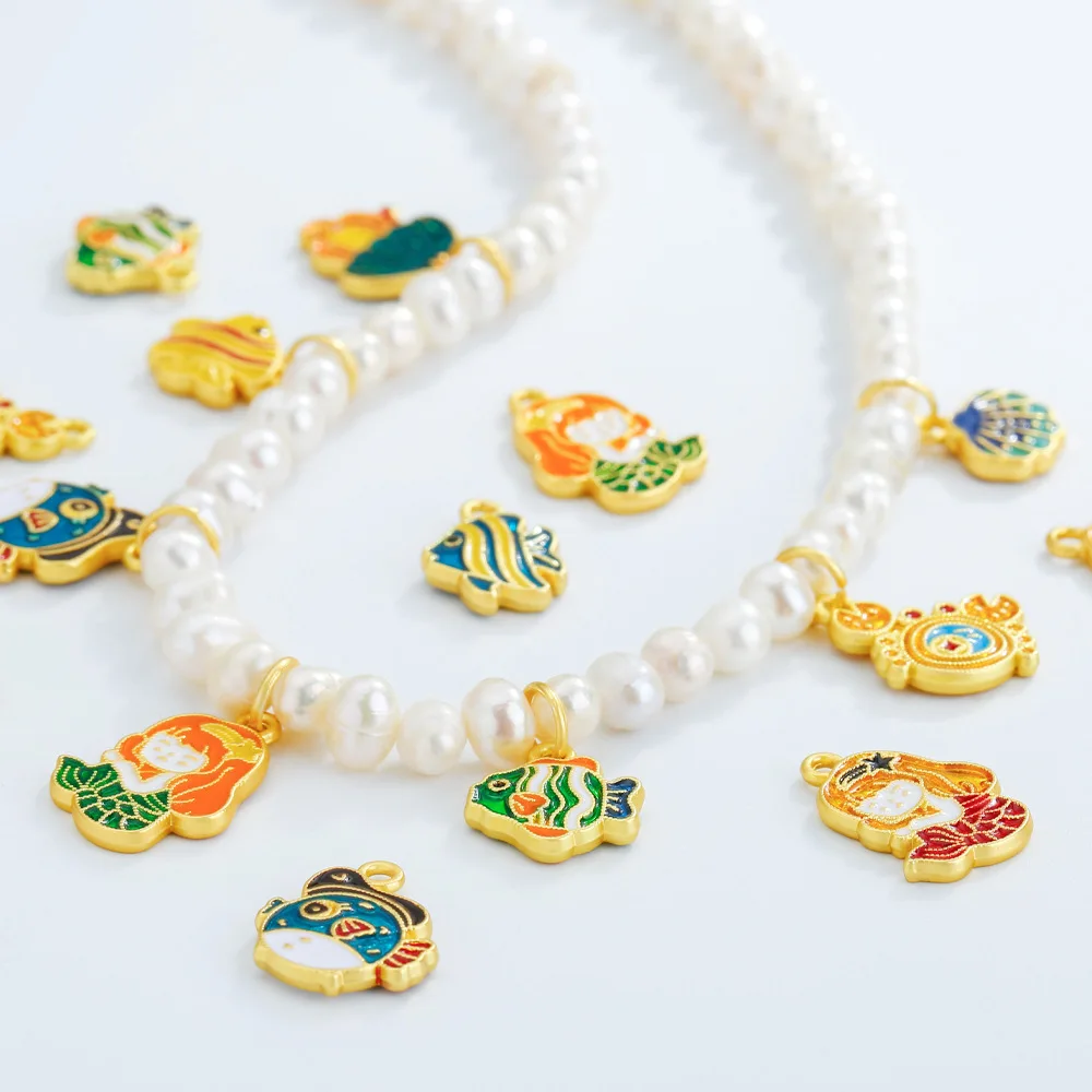 Estilo antigo areia ouro vida marinha dos desenhos animados série liga acessórios sereia concha pufferfish colar pulseira jóias