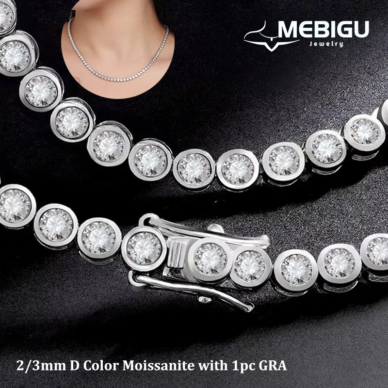 

Mebigu 2/3mm Round Bubble Full Moissanite Diamond Tennis Necklace for Women Man S925 Silver All Bezel GRA Certified Neck Chain