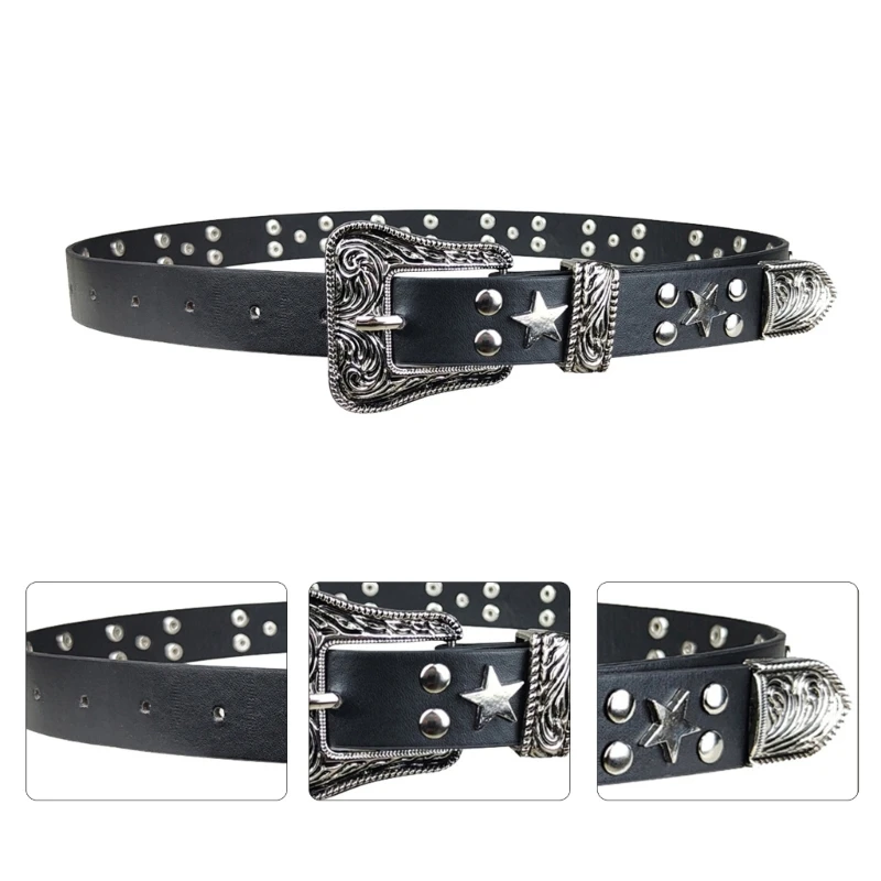 Women Pin Buckle Belt Aesthetic Five-Pointed Star Studded Rivet Belt Pants Decors Teens Girl Clothing Dropship