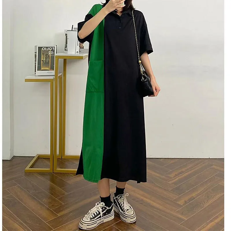 Robe T-shirt à Manches Courtes et Col Rabattu pour Femme, Vêtement Décontracté, avec lèvent, Style Coréen, avec Poches pour Documents, Été 2024