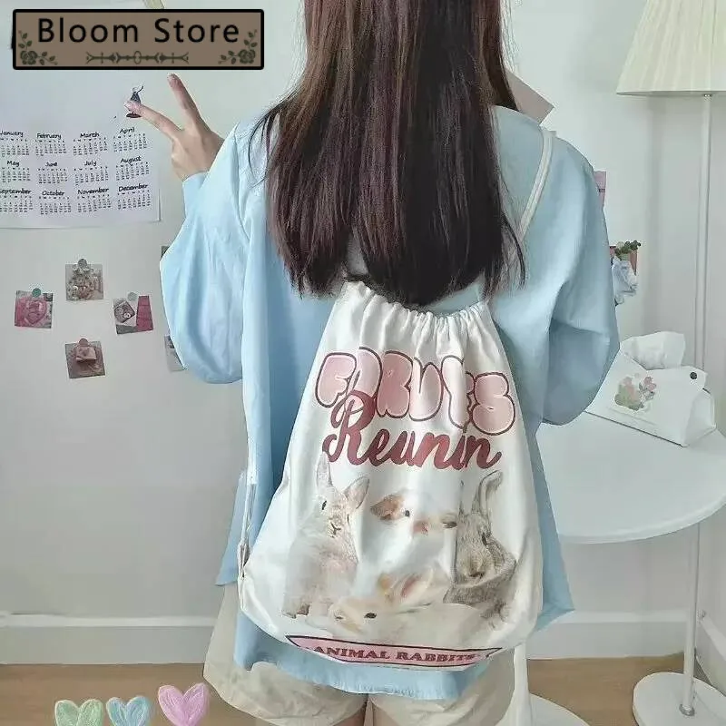 

Japanese Sweet Rabbit Print Canvas Bags Fashion Preppy Y2k Aesthetic Students Backpacks All Match Kawaii Drawstring Schoolbags