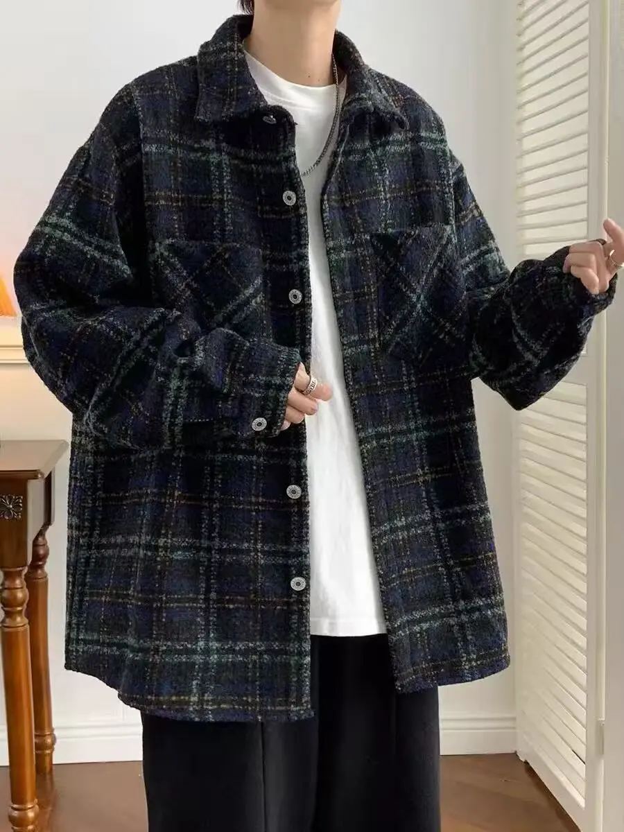 

Весенне-осенняя японская ретро шерстяная модная брендовая клетчатая рубашка мужская с длинными рукавами корейская версия модная пара универсальная повседневная рубашка