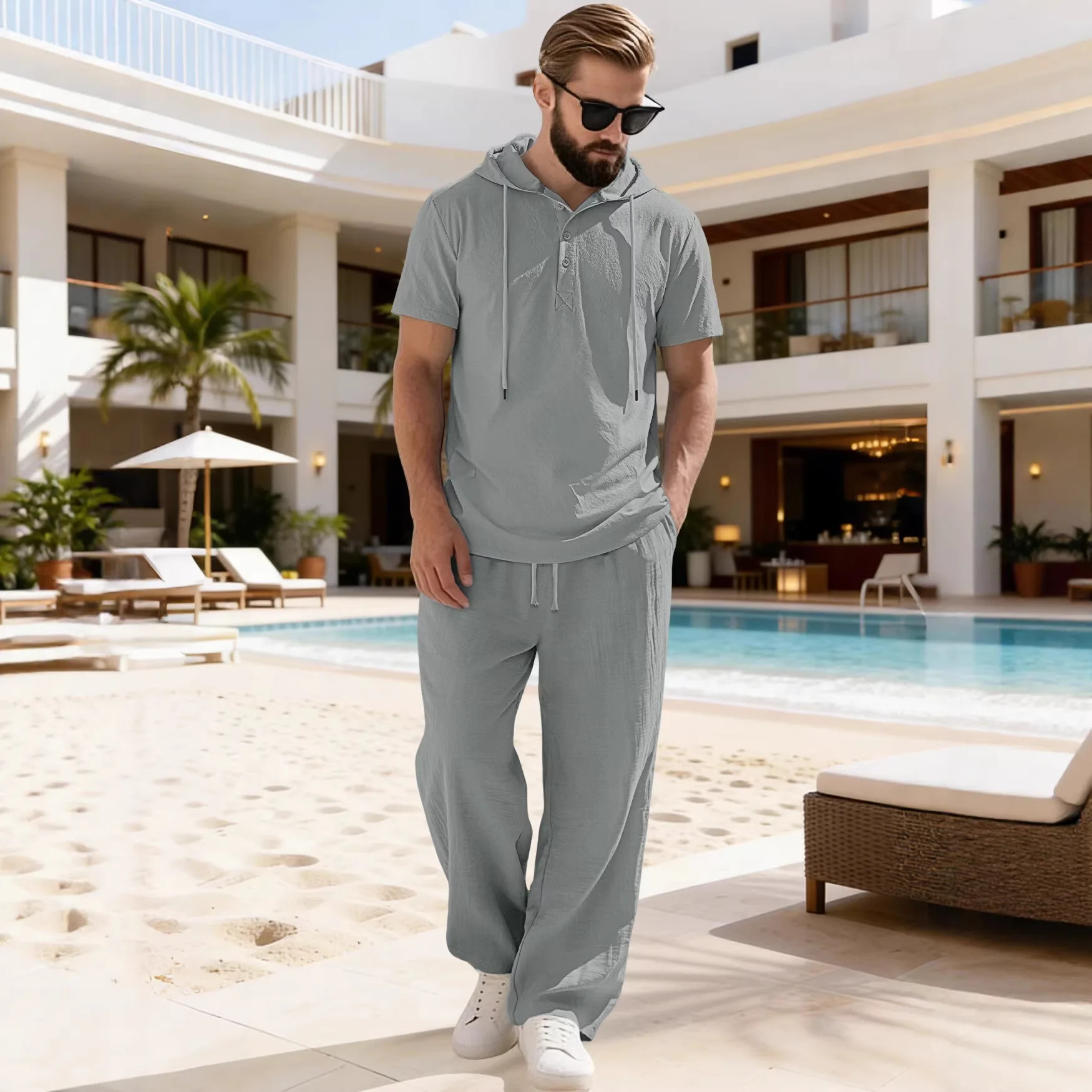 

Men's Spring Summer Hooded Buttoned Short-Sleeved Shirt And Casual Long-Sleeved Pants Set - Stylish Two-Piece Outfit