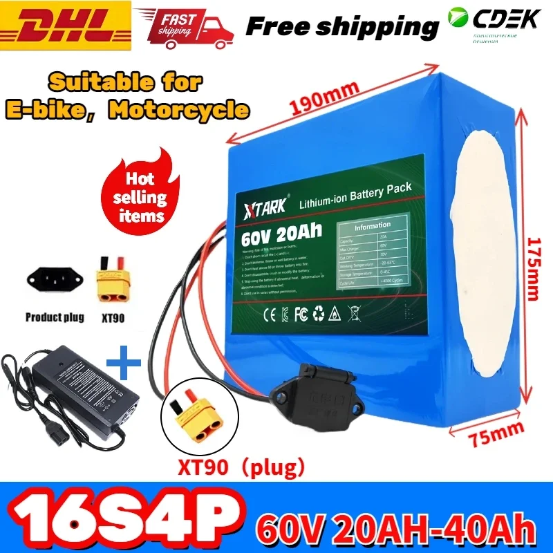 

2024 New upgraded 60V 40Ah XT90 plug 16s4p li-ion battery pack with built-in BMS, suitable for E-bike motorcycles with charger