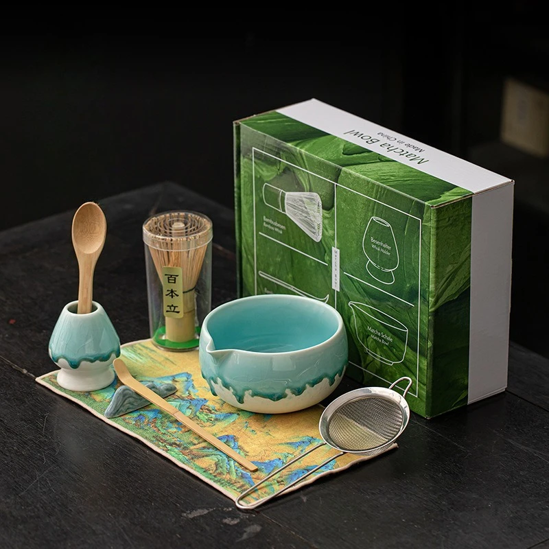 

8Pcs Kiln Variable Flow Glaze Matcha Set Matcha Bowl Spoon Filter Screen Matcha Whisk Tea Set Gift for Tea Set Enthusiasts