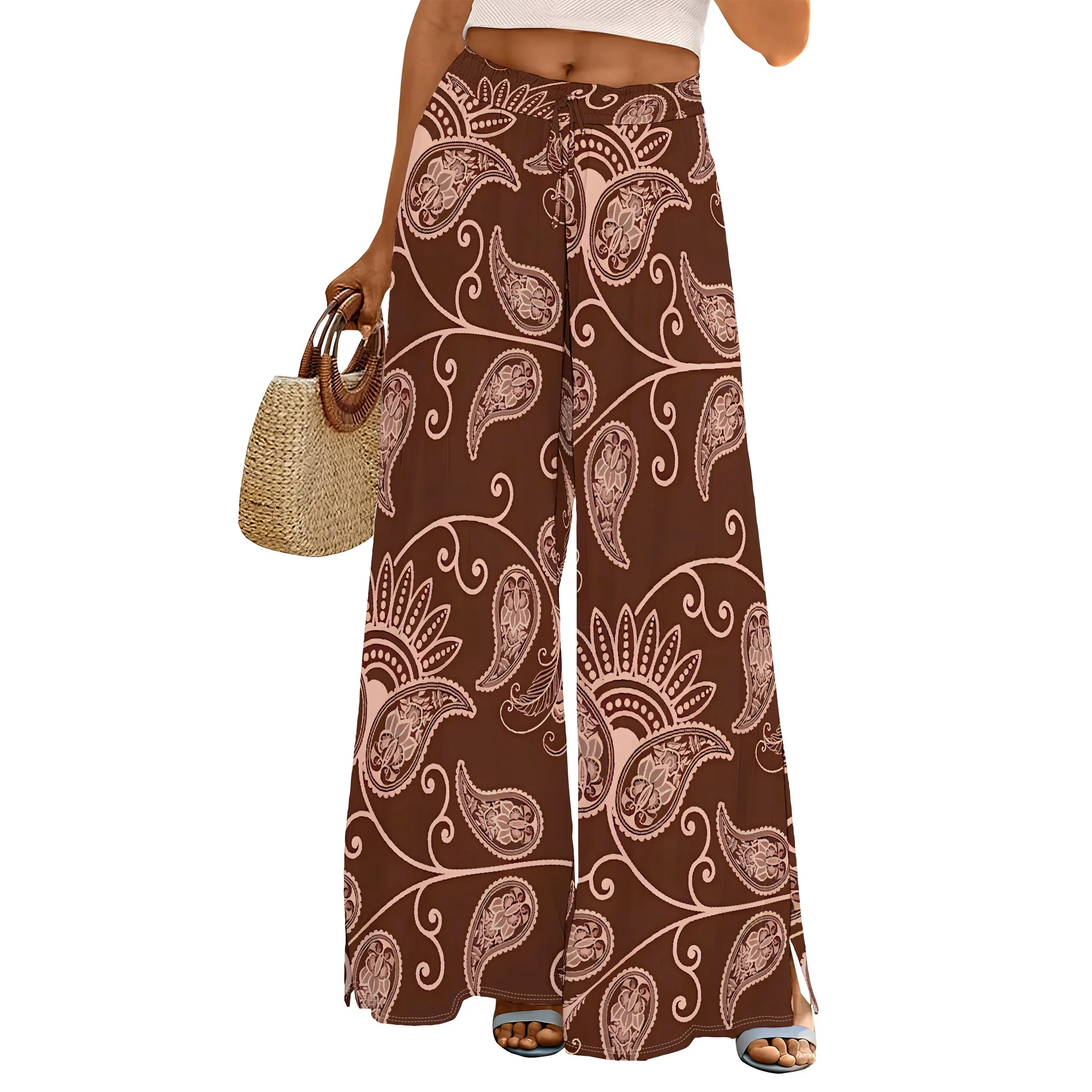 

Women's clothing 2025 spring/summer new item custom high waisted printed floral polka dot casual beach slim fit wide leg pants