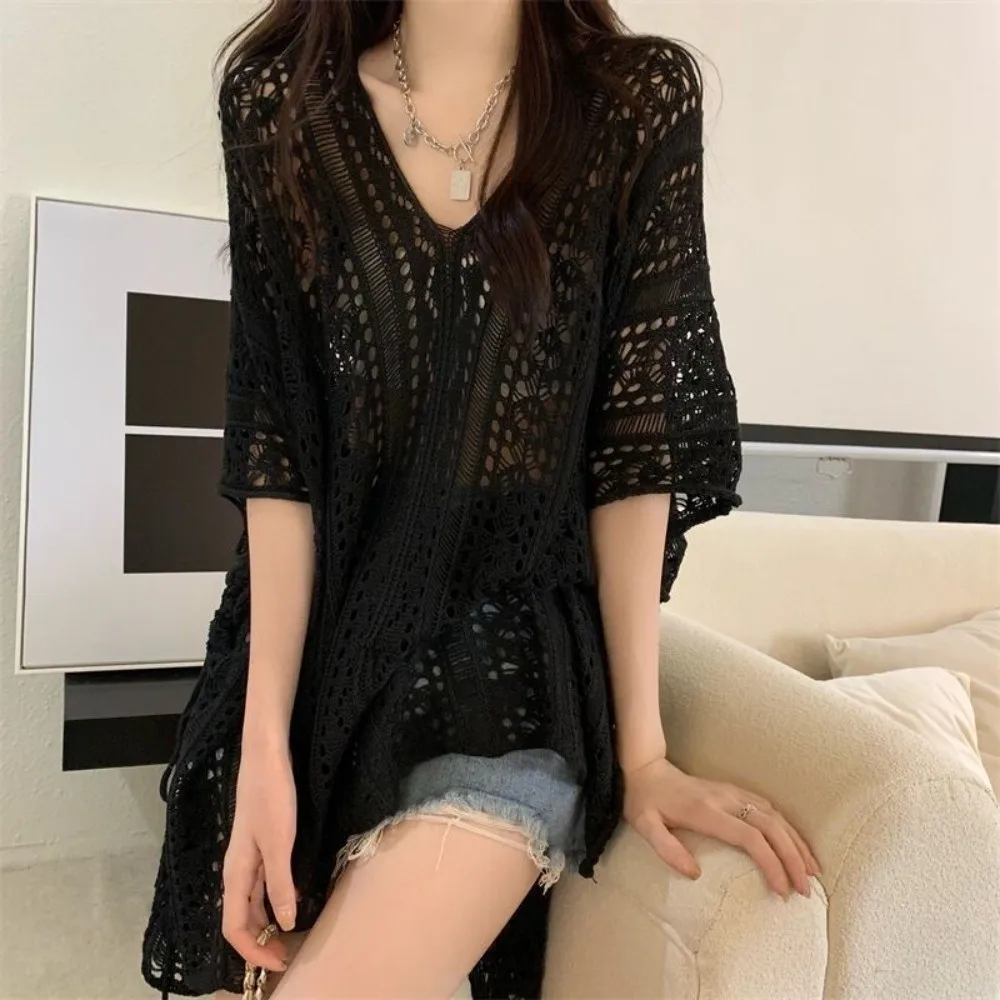 

Leisure Oversized Hollow Out Swimsuit Cover Up V-neck Crochet Sweater Knitted Bikini Cover Up Loose Mesh Beach Wear Pool