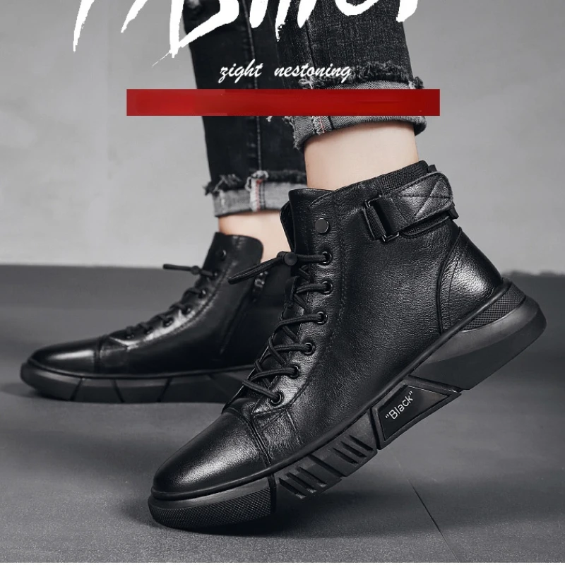 Leather Furry Boots Men British Ankle Booties Plus Velvet Warm Winter Shoes Mens High-top Chelsea Boot Platform Zapatos Hombre