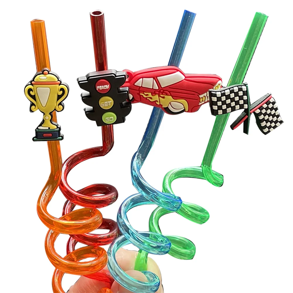 8Pcs Race Car Drinking Straws Hot Wheel with Reusable Vehicle Plastic Straws Boys Race Car Wheels Birthday Party Favors Supplies