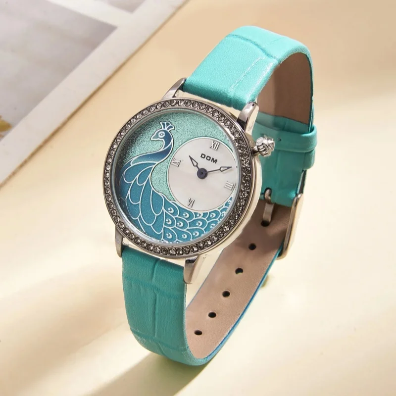 DOM 1597 أزياء المرأة كوارتز ساعات أنيقة الطاووس الماس الهاتفي حزام من الجلد للماء سيدات الأعمال عارضة ساعة اليد