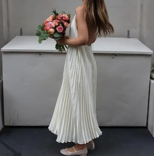

Summer 2025 Backless Hanging Neck Sexy Straight Pleated Skirt for Women, Elegant Sleeveless A-Line Backless Hanging Neck Dress