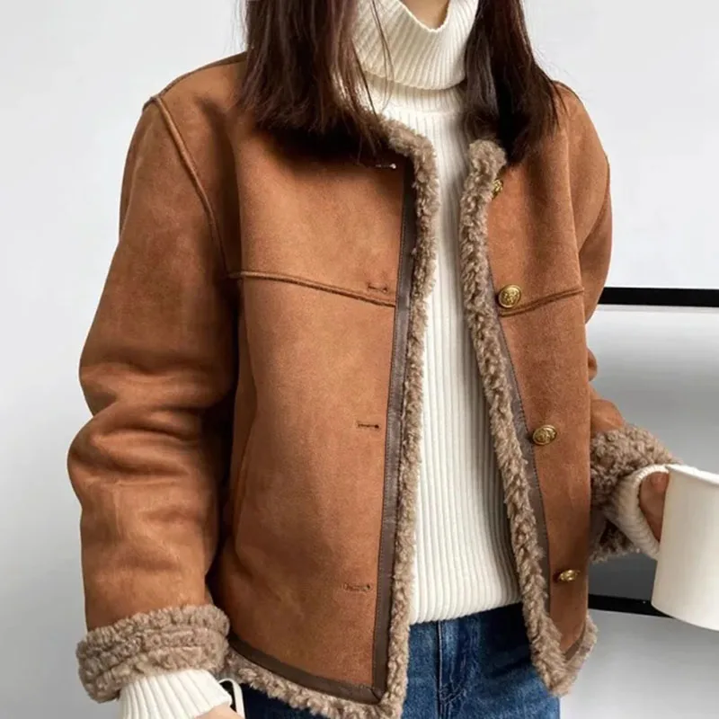 Suede Lamb Fur Short Jacket Women Vintage Autumn Winter Padded Thickened Long Sleeve Outwear Camel Fashion Patchwork Coats