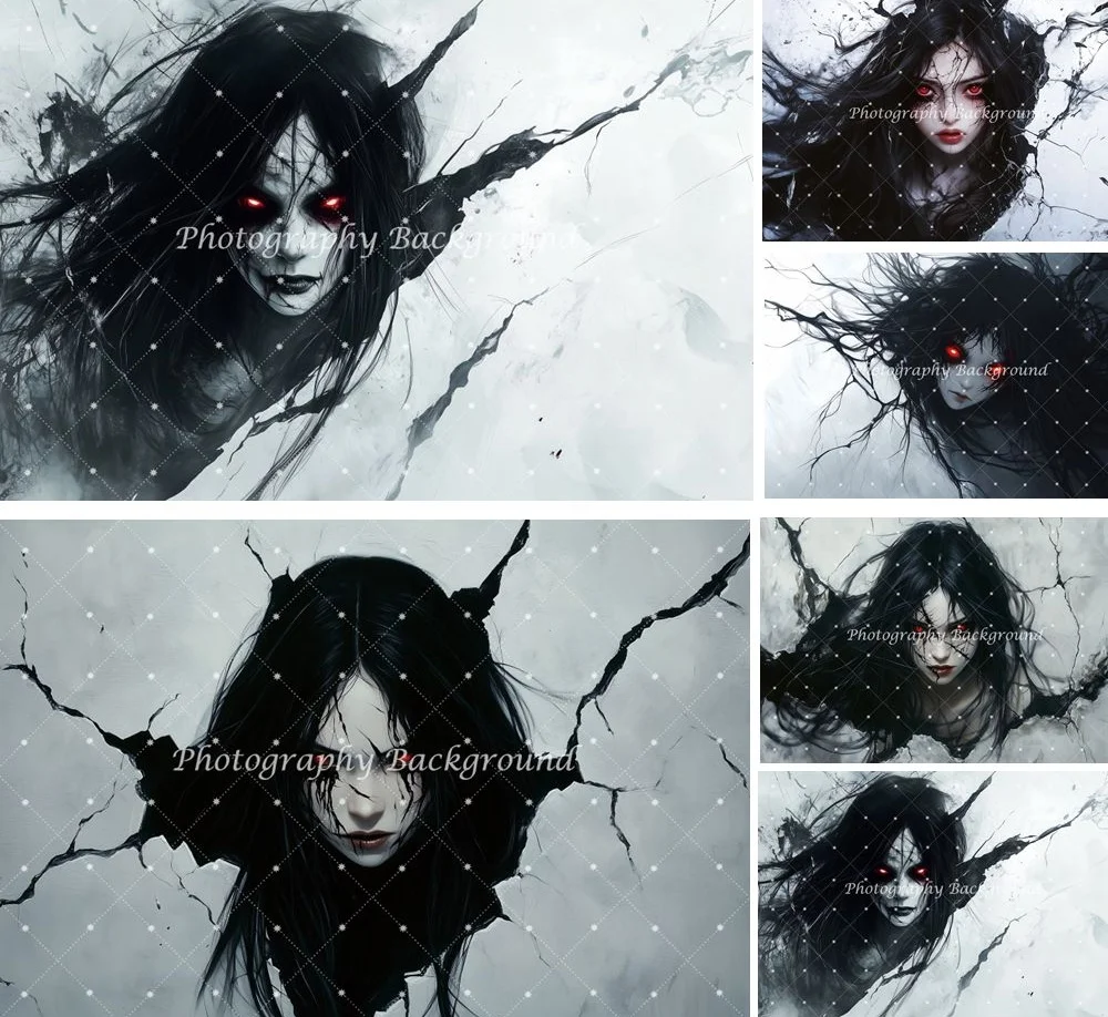 

3D Horror Halloween Backdrop Bizarre Broken Wall Creepy Black Haired Demon Halloween Party Wall Decor Photography Background