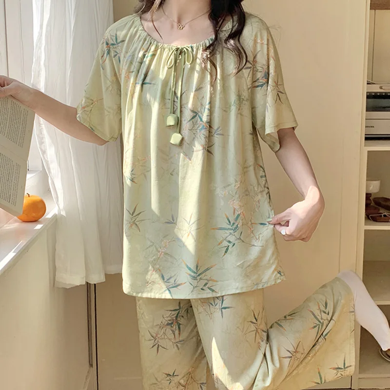 Summer Viscose Fashion Style Women Pajama Set Pullover Trousers Loose Comfortable Pyjama Suit
