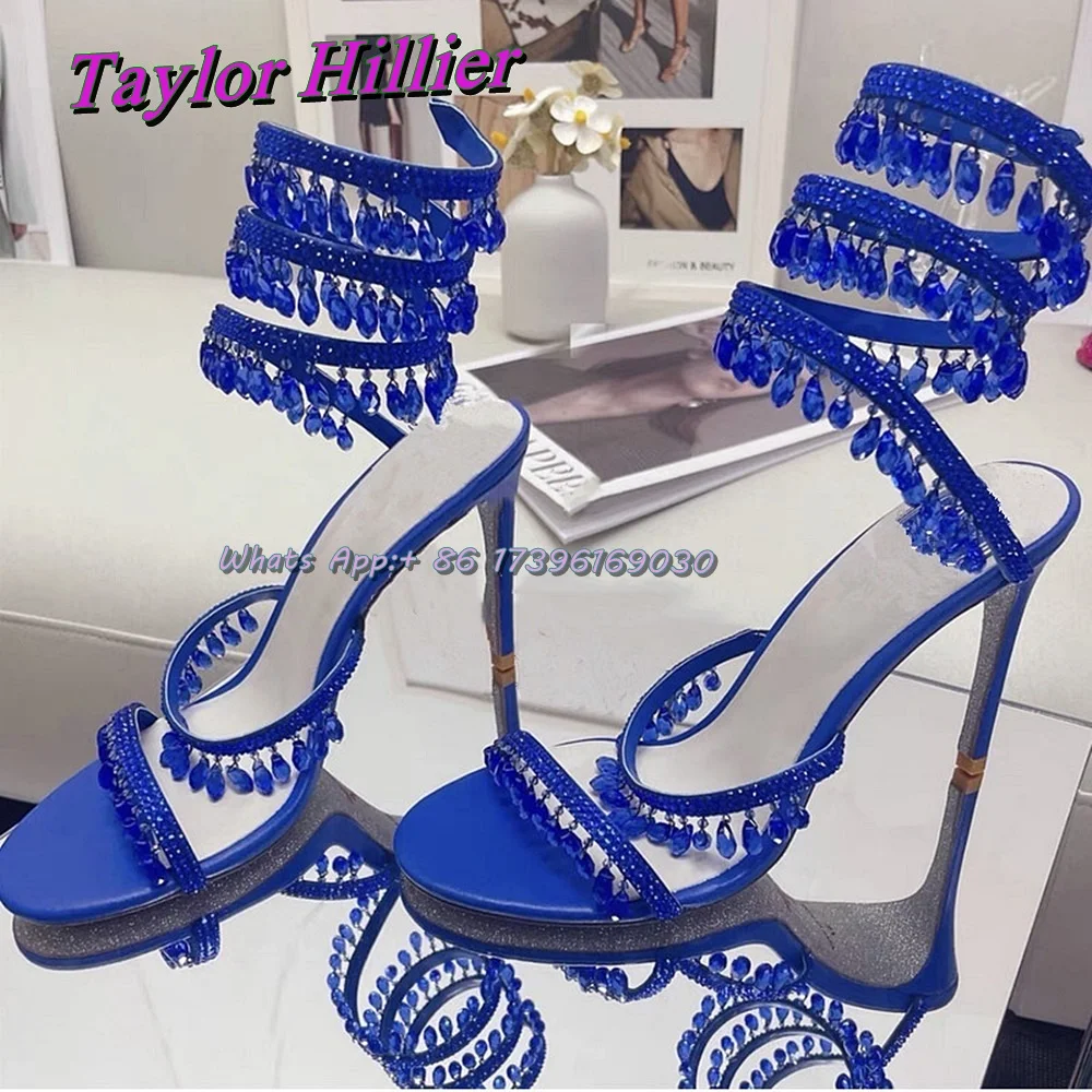 Glittering Crystal Tassels Sandals Winding Pendant Stiletto High Heel Buckle Strap Women Solid 2025 Wedding Dress New Arrival