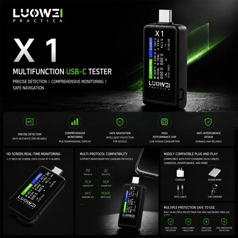 LUOWEI X1 USB-C Current Tester Power Meter Tools Portable Plug-and-Play Multi-Parameter Monitor for Charger Cable Inspection Kit