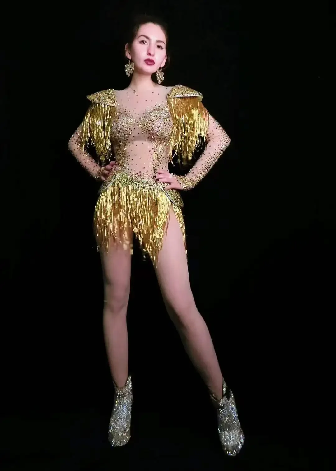 

Gold Fringe Rhinestone Flash Charming Bodysuits For Women Long Sleeve Leotard Jazz Latin Carnival Mardi Gras Queen Costume 2024