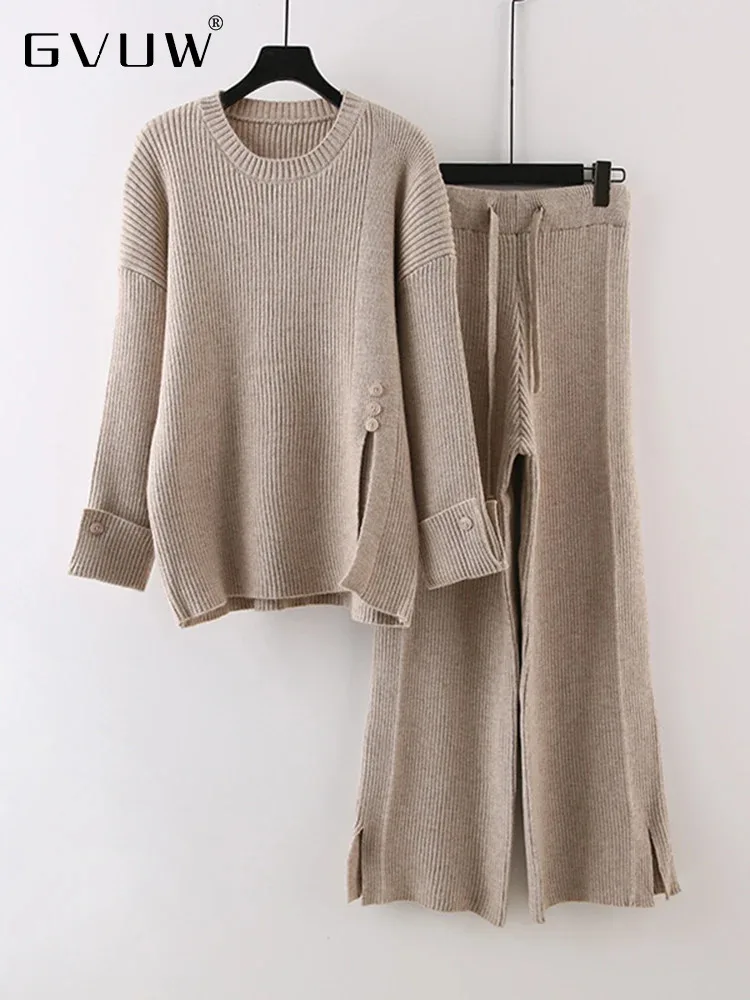 

GVUW Fashion Knitted 2 Pieces Set Buttons Split Full Sleeve Round Collar Sweater + Wide Leg Pants Solid Color Chic Style 17G7551