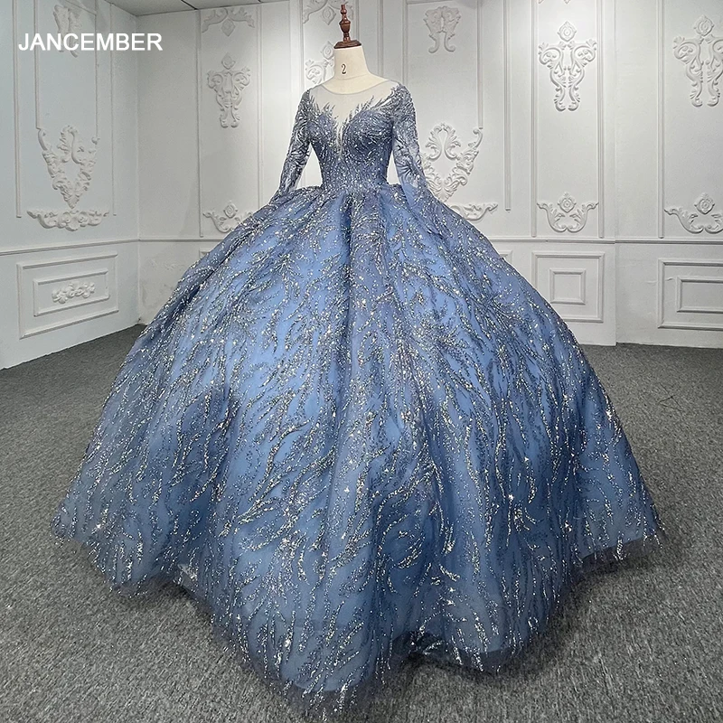 

Jancember Elegant Blue Pattern Shining Quinceanera Dress Full Sleeves As Floor Sequins Ball Gown Vestidos De Fiesta