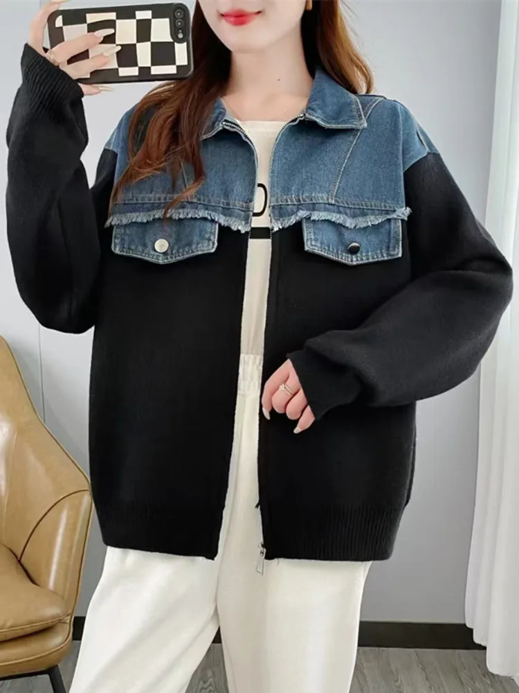 [EWQ] Korea Chic Knitted Cardigan Coats Denim Pocket Knitted Patchwork Design Women\'s Sweater Jacket Autumn Winter 2024 16O1344