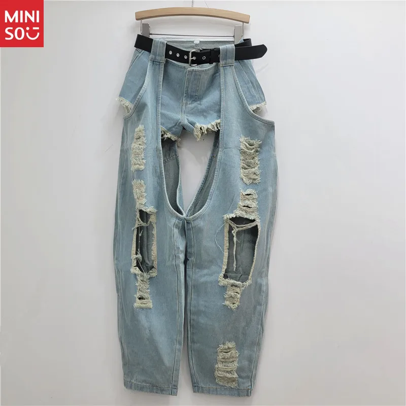 

European Style Distressed Denim Set, Low Rise Ripped Jeans with Belt