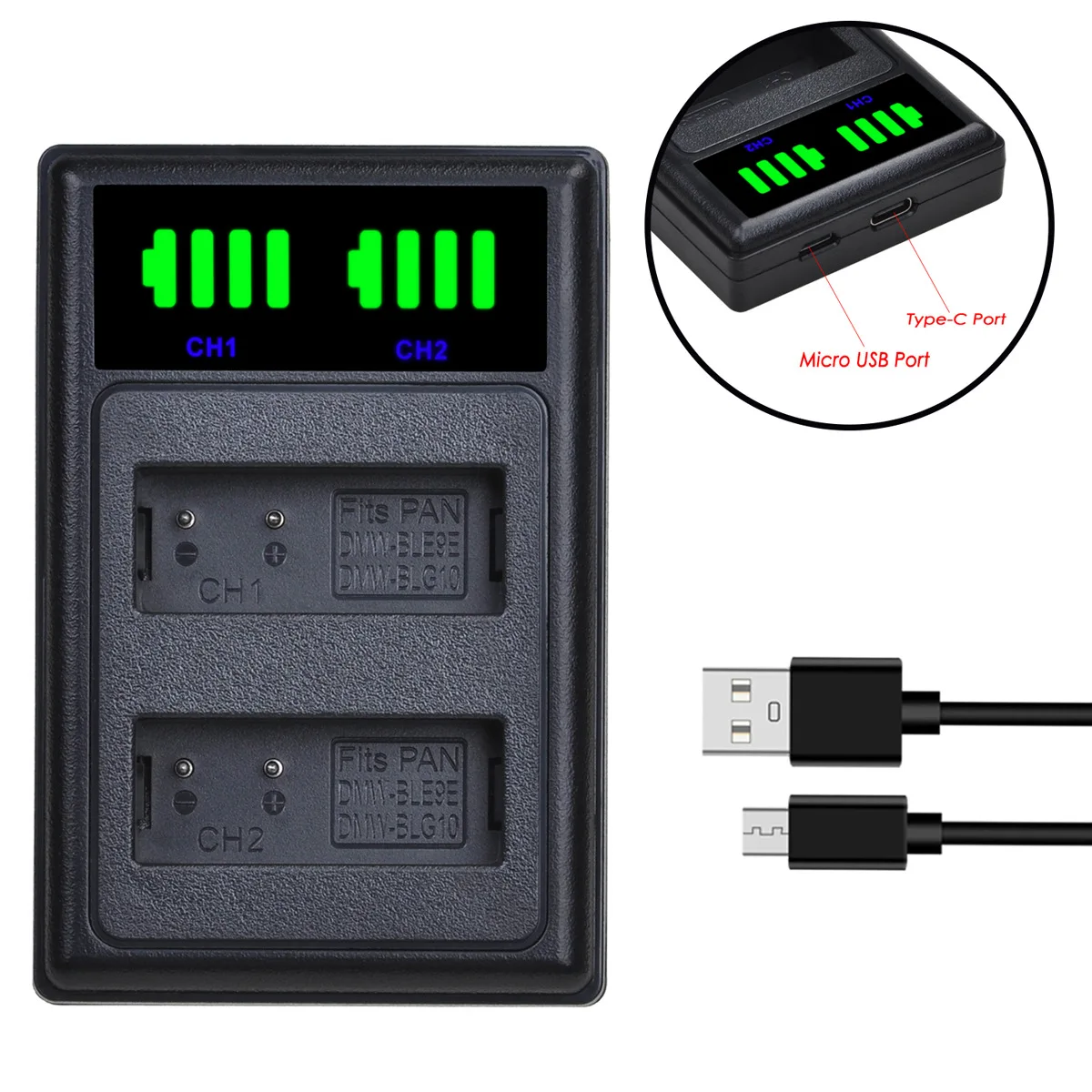 

LCD Dual USB Charger for Panasonic Camera Battery DMW-BLH7/BLE9E/BLG10 with Type-C and Micro USB Port
