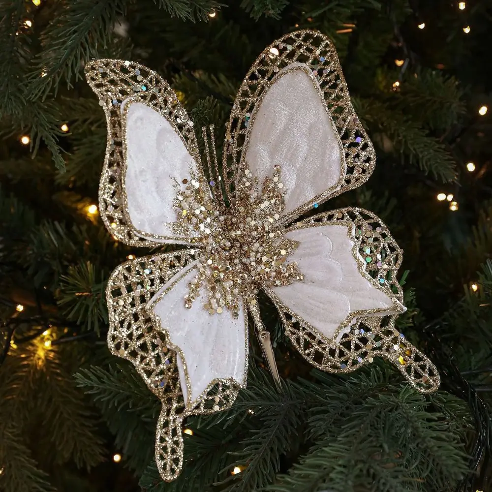

Sparkling Christmas Butterfly Pendant with Clip Flannel Holiday Decor Multicolor Glitter Xmas Tree Hanging Ornaments