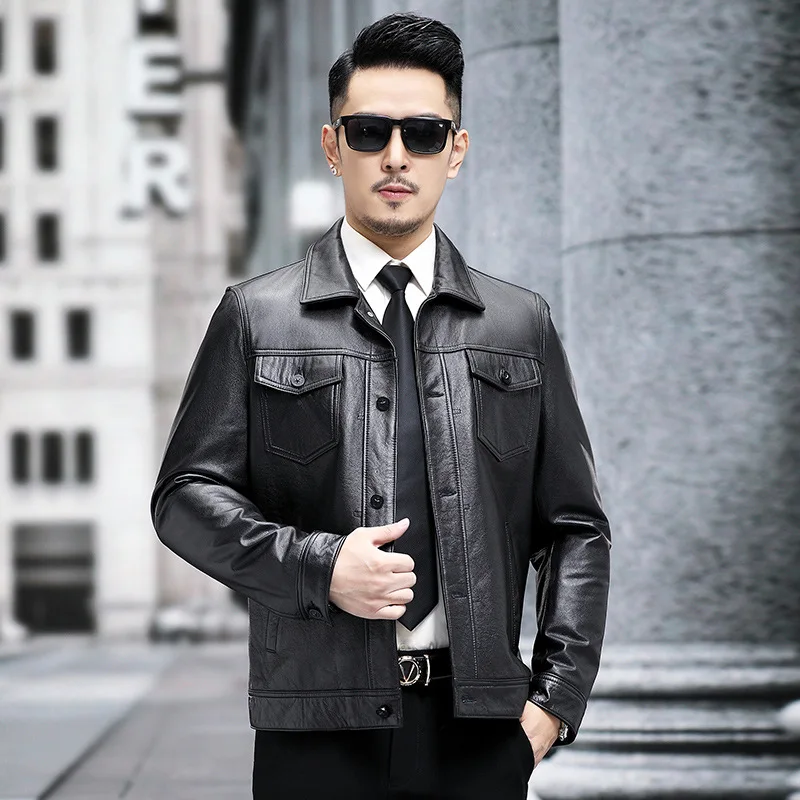 New Retro Men's Pocket Cow Leather Jackets Motorcycle Fur Coats Casual Business Male Trend Plus Size Top Layer Oxskin Overcoat