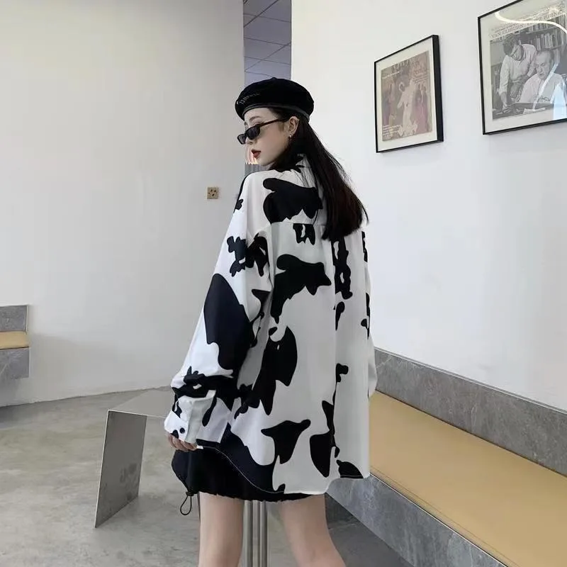 DAYIFUN Women Blouse Summer Oversize Milk Cow Print Lapel Silk Shirts with Pocket Short Sleeve Casual Female Top Cardigan Blusas