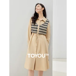 Toyouth Women Fake Two Piece  Dress 2023 Autumn Long Sleeve Polo Neck A-shaped Drawstring Waist Retro Plaid Pattern Long Skirt