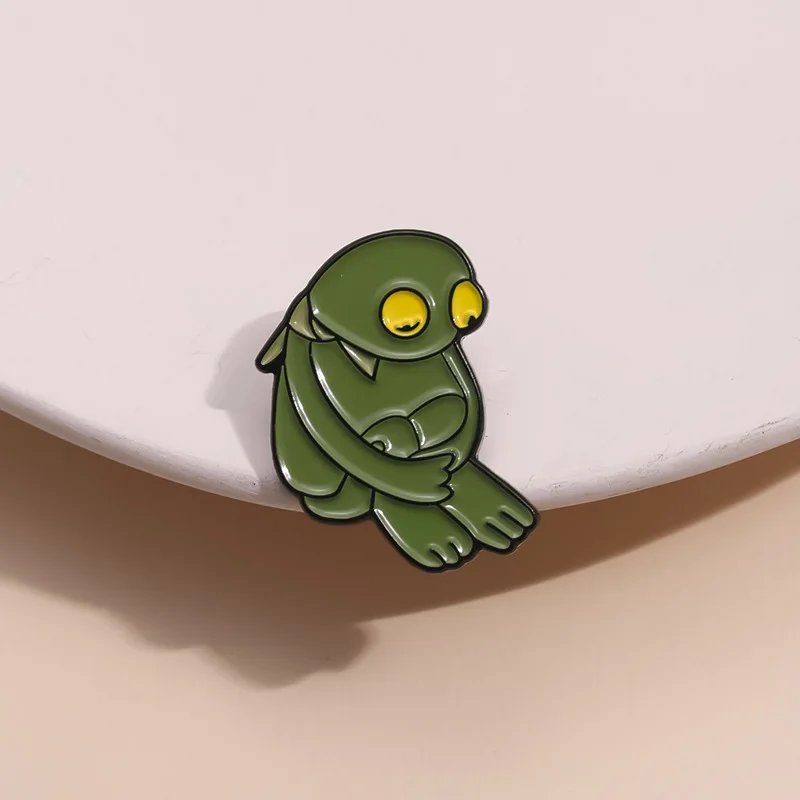 Lonely Hunch Green Frog Enamel Brooch Sad Moping Cartoon Amphibian Yellow Eyes Metal Lapel Pin Bag Hat Weird Cute Mood  Badge