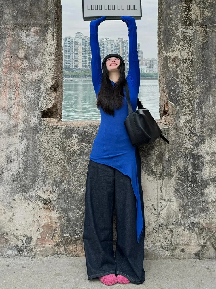 Cseta de Manga Larga de Seda de Hielo Azul Klein con Corte Irregular para Mujer, Protección Solar, ra y Fresca para Ve...