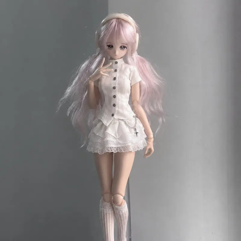 Original Special 1/6 Azone BJD Doll Clothes White Slim Waist Short Sleeves Top Multi-layer Lace Mini Skirt with Socks 3pcs Set