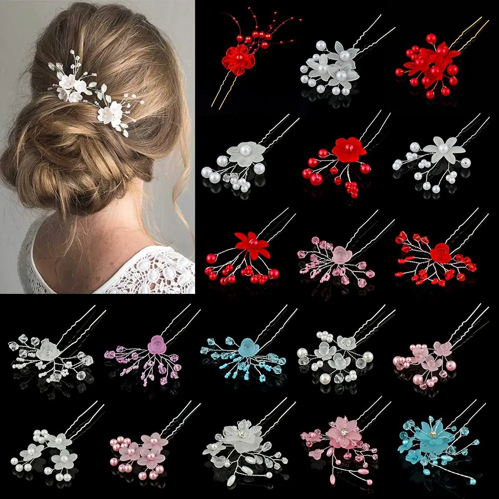 

1PC Crystal Pearl Hairpin U Shaped Flower Hairpin Stick Rhinestone Pearl Hair Pins Forks Bridal Tiara Headpiece Hair Accessories